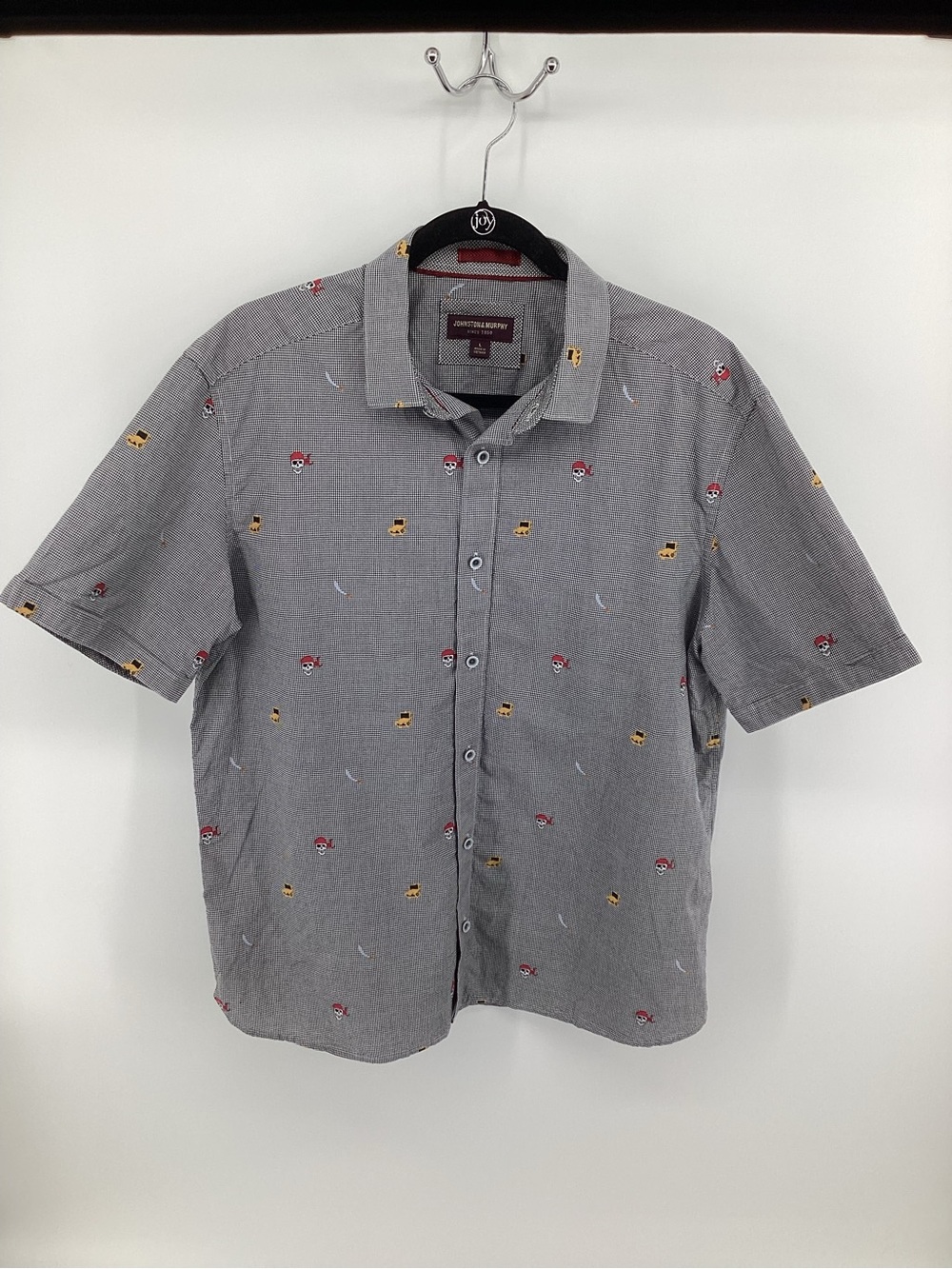 Johnston & Murphy Short Sleeve Gray Button-Down with Pirate Embroidery